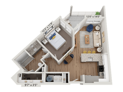 Floor plan for 1 bed, 1 bath, 678 sqft